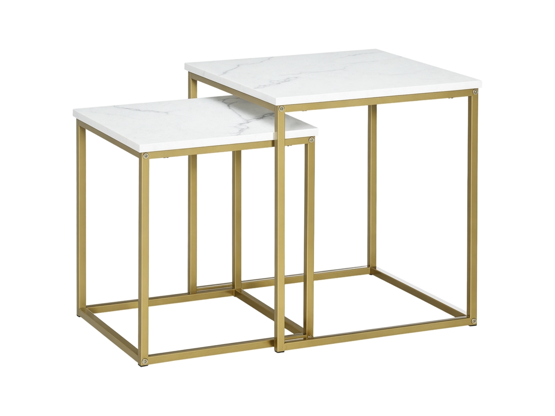 Conjunto de 2 Mesas de Centro Quadradas em Estilo Art Déco Aço Dourado com Painéis em Efeito Mármore Branco. ESSÊNCIACASA