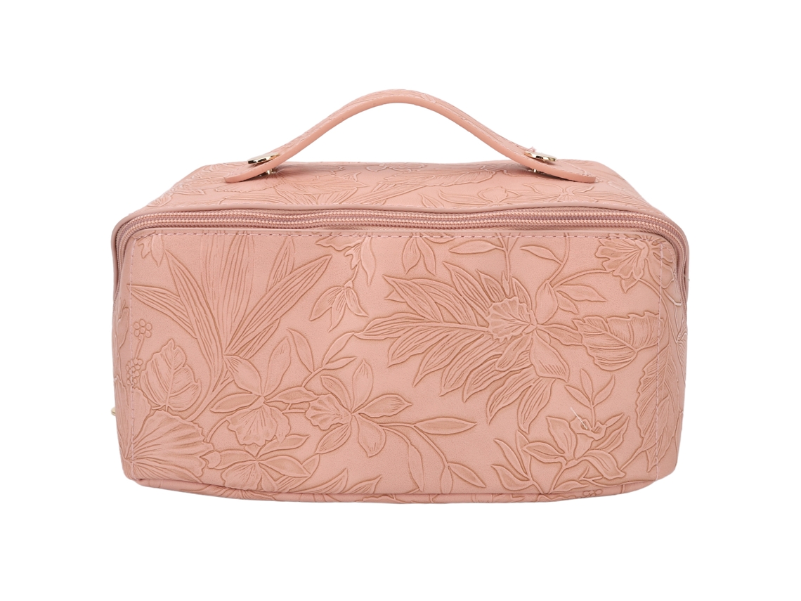 Bolsa De Maquiagem Multifuncional De Grande Capacidade Rosa Com Abertura 180 Graus E Material Impermeável