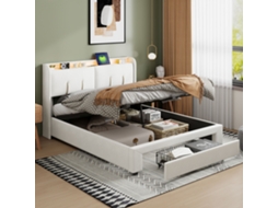 Cama De Casal Adulta 140x200 Cm Com Arrumação Hidráulica, Led Regulável, Cabeceira Com Arrumação E Portas Usb, Veludo, Bege, Sem Colchão