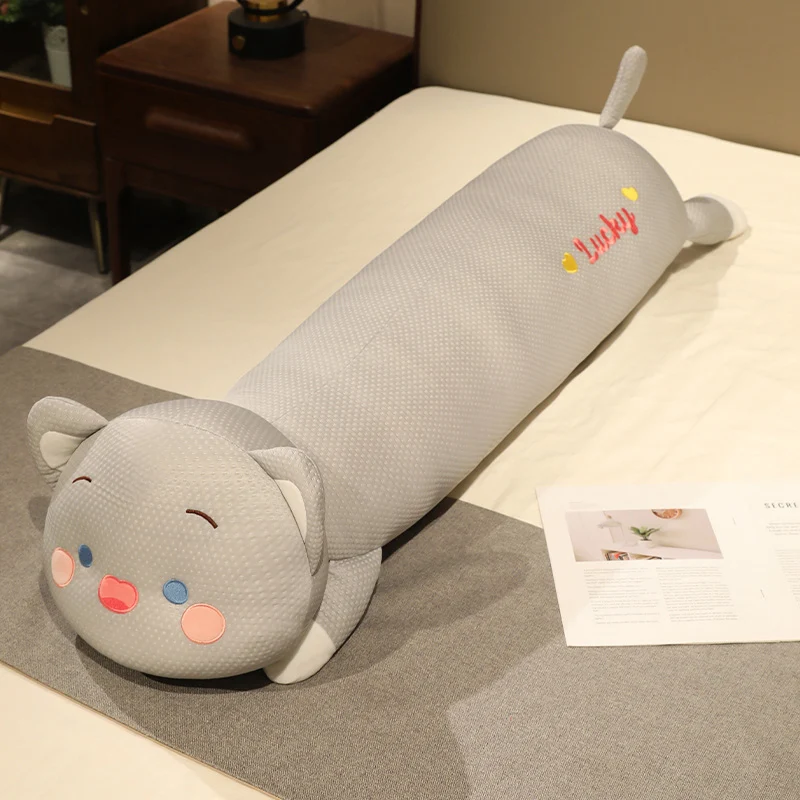 Almofada Comprida Para Sofá Em Seda Gelada Com Estampa De Gato Cinza (130 Cm), Fofa E Com Formato De Animal De Estimação.