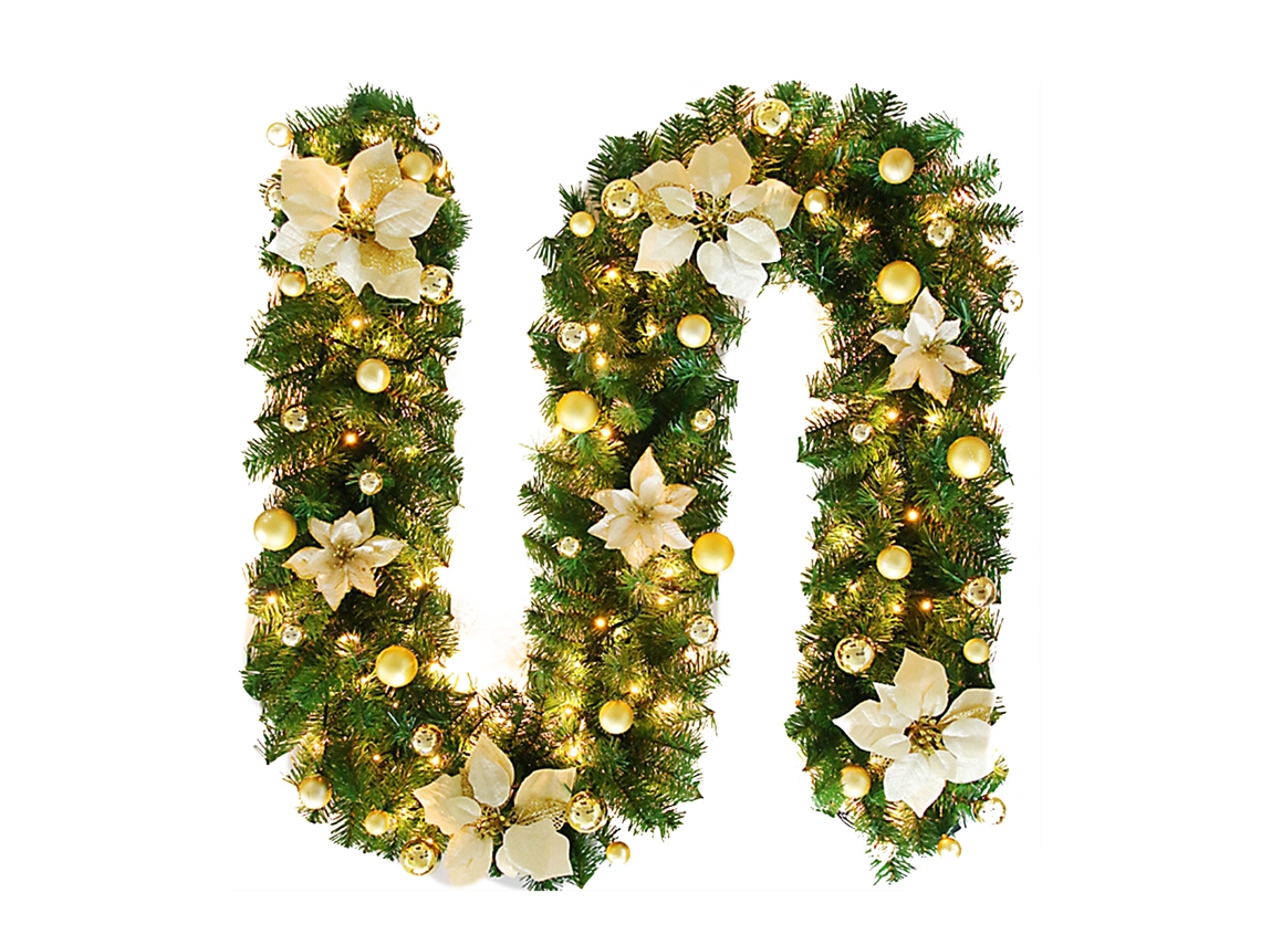 Decoração de Natal com Coroa de 2,7m, Vinha Dourada e Luzes Led LAXISCREED