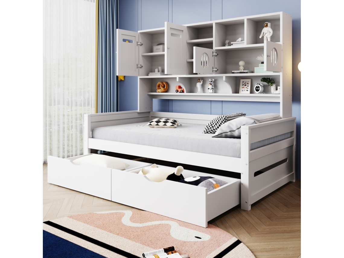Sofá-cama Madeira 90x200 Com Gavetas E Ripas Na Cor Branca