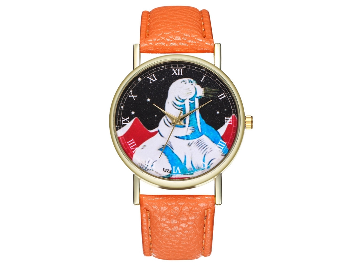 Reloj De Cuarzo Con Correa De Cuero Pu Fashinable Dial Redondo Unisex Naranja