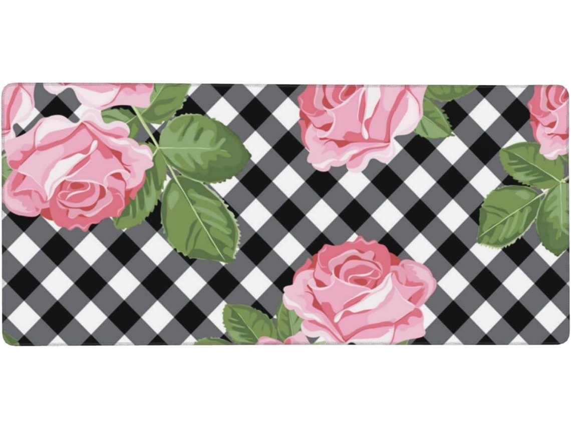 Mousepad para Computador de Grande Formato, 40 X 90 Cm, com Estampa Rosas Sobre Fundo Xadrez Preto e Branco Ba