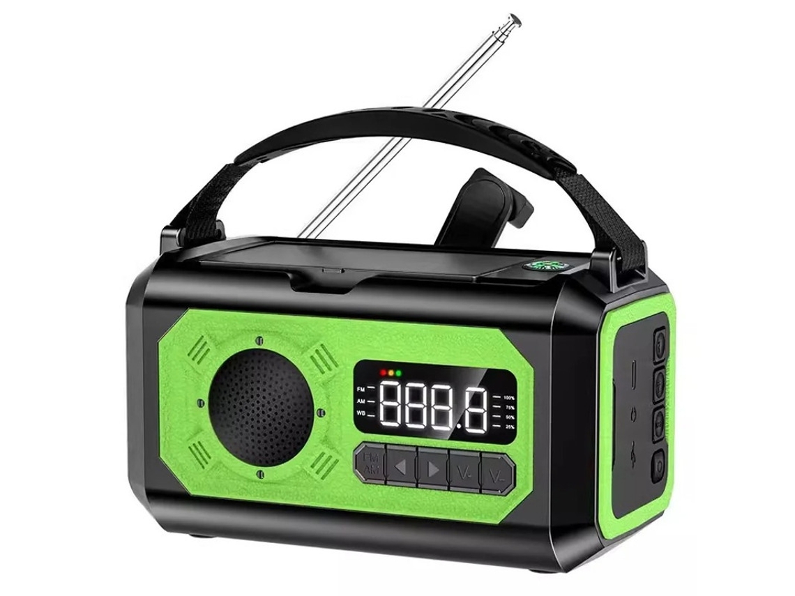 Rádio de emergência multifuncional YIZHOOD com manivela, alimentado por energia solar, bateria de 12000 mAh, cor verde.