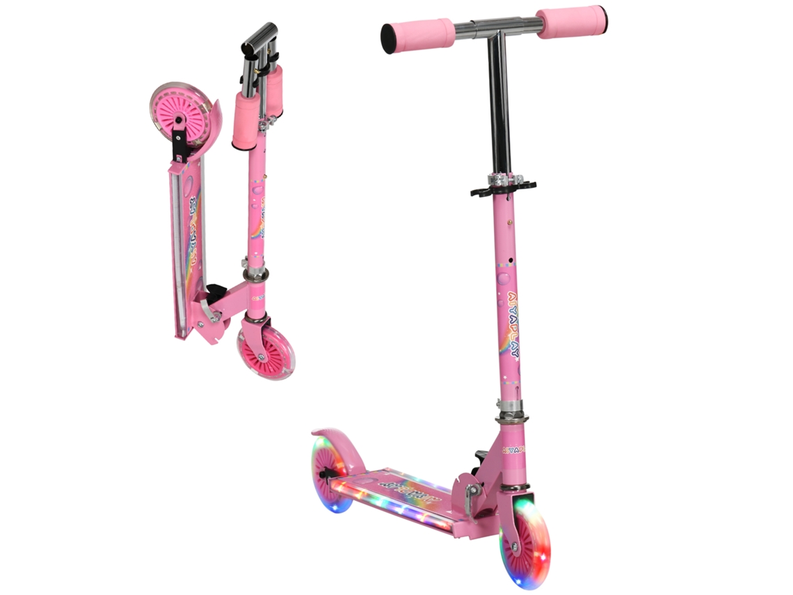 Patinete Infantil Dobrável Luzes Música Rodas Led 50kg Rosa 67x32x65-78