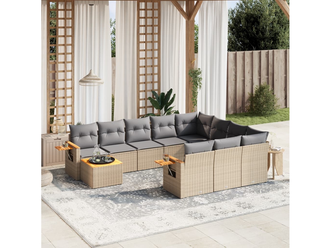 Vidaxl 11 Pcs Conjunto Sofás de Jardim C/ Almofadões Vime Pe Bege