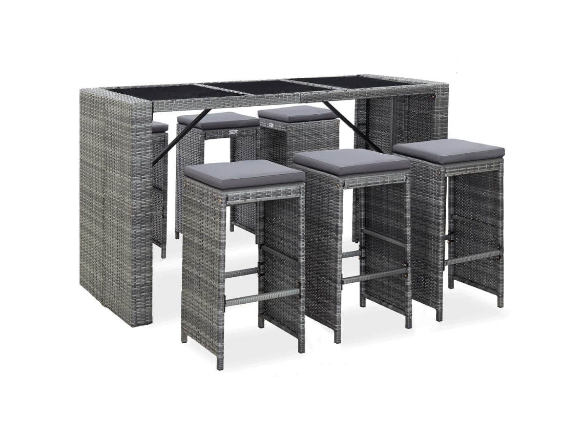 Vidaxl 7 Pcs Conjunto Bar Para Jardim C/ Almofadões Vime Pe Cinzento