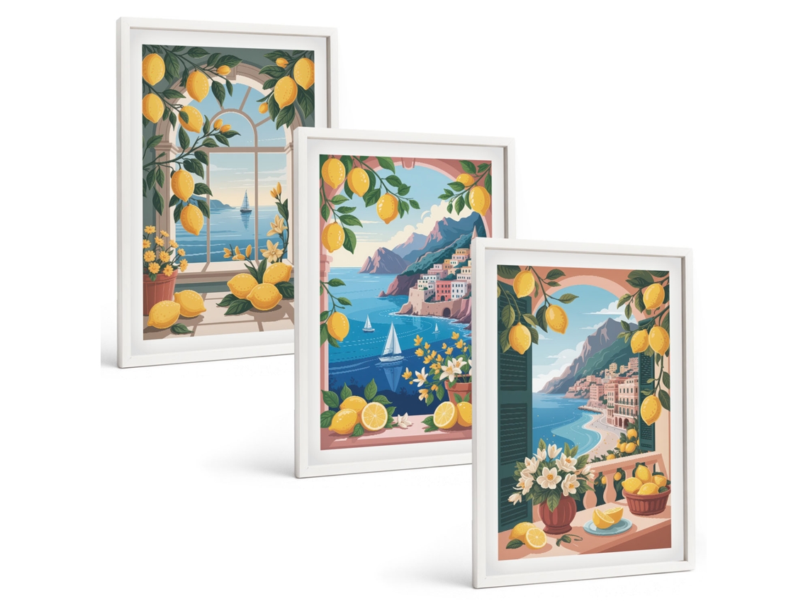 Conjunto De Pinturas Janela Com Vista Para O Mar, Limões Italianos Espelharte (3 Peças 40x60 Cm)