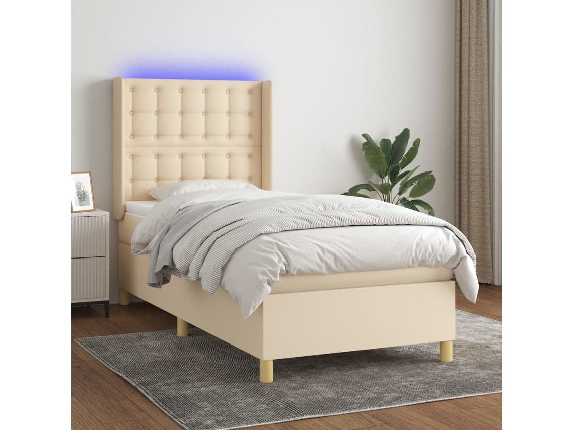 Cama Box Spring C/ Colchão E Led 100x200 Cm Tecido Cor Creme
