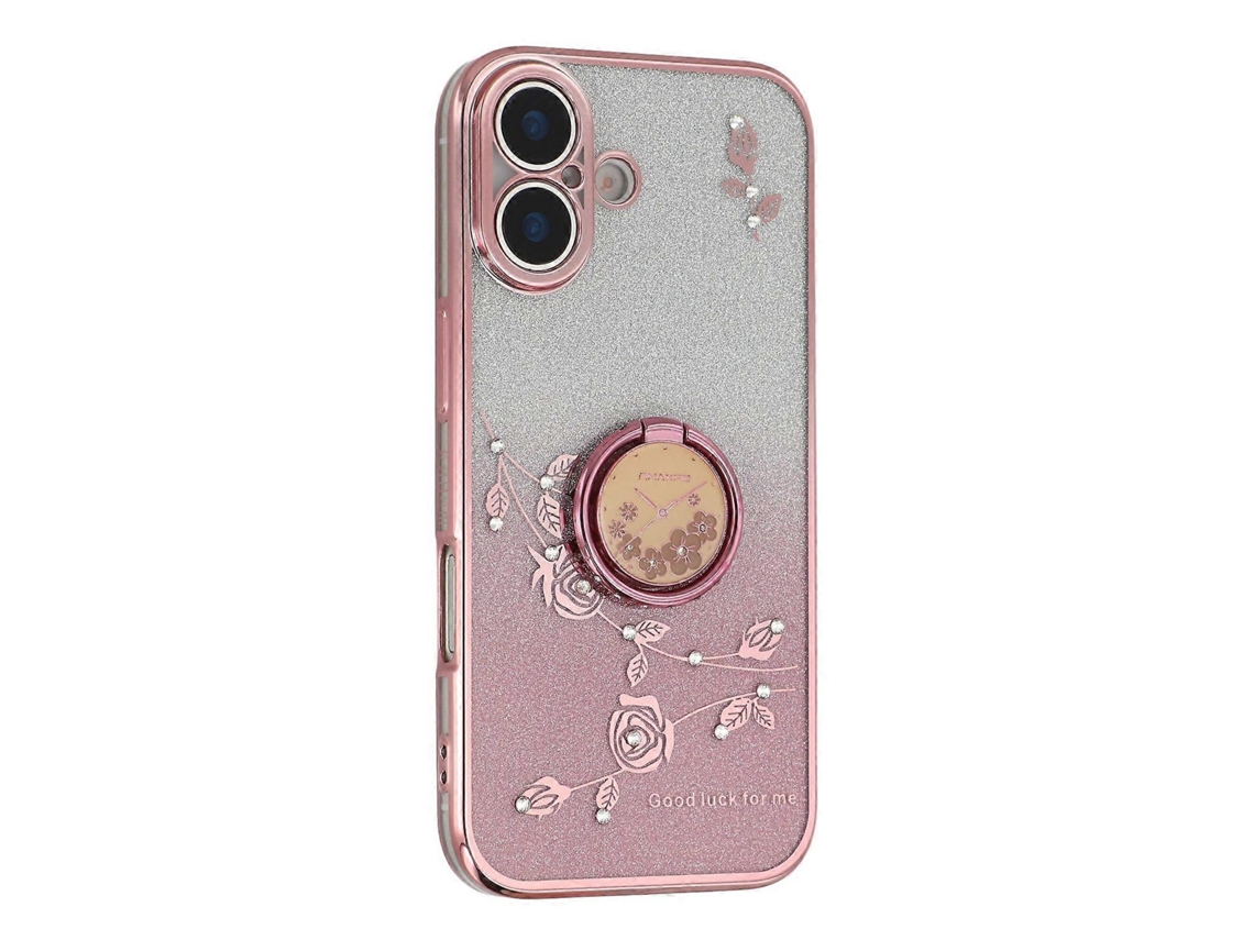 Capa Para Iphone 17 Com Suporte De Anel, Em Tpu, Com Flores E Glitter Degradê Rosa
