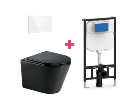 Conjunto de vaso sanitário suspenso em cerâmica preta fosca Turin com cisterna redonda branca e botão de descarga Aquore