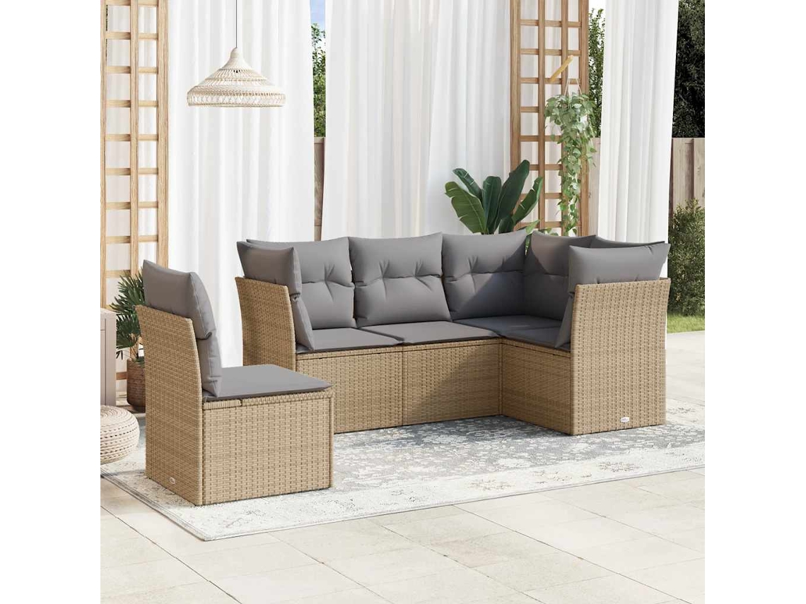 Vidaxl 5 Pcs Conjunto De Sofás P/ Jardim Com Almofadões Vime Pe Bege
