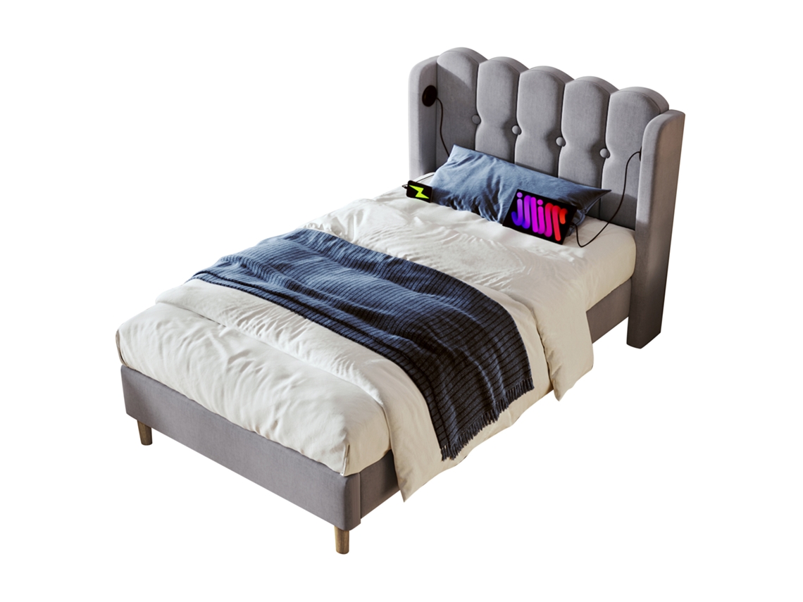 Cama de solteiro estofada cinza com Usb tipo c, estrutura juvenil 90x200cm, com colchão, para quarto de hóspedes PAPRIKA