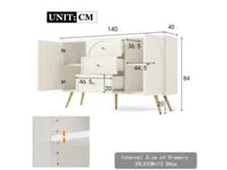 Aparador Branco Moderno 160x40x77cm Com 2 Portas, 4 Gavetas, Prateleira De Vidro E Led Integrado Para Sala De Estar