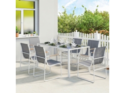 Conjunto Jardim 7 Peças: Mesa Redonda De Vidro Temperado + 6 Cadeiras, Estrutura Resistente Em Aço Nas Cores Branco E Cinza