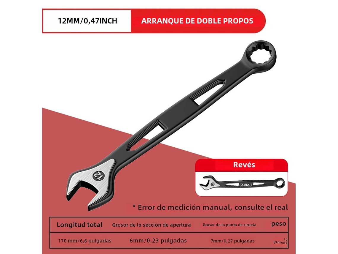 Chave De Catraca Dupla (12 Mm), Ferramenta Industrial De Reparo Automotivo Geral, Feita De Aço Carbono.