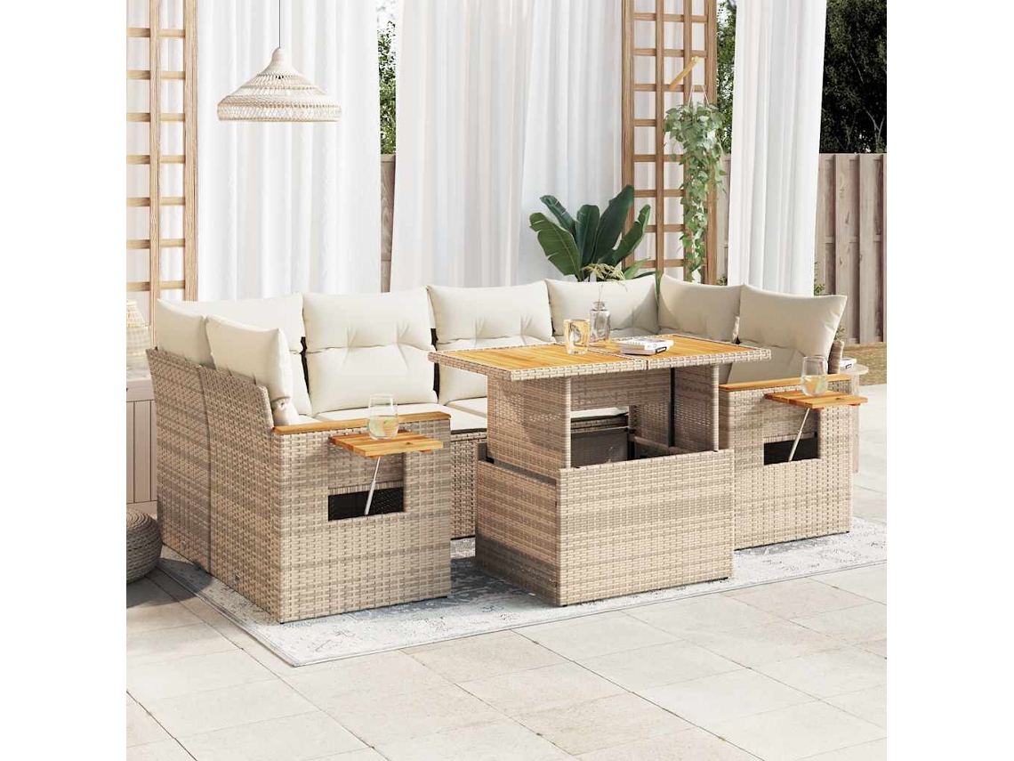 Vidaxl 7 Pcs Conjunto Sofás Jardim Com Almofadões Vime Pe/acácia Bege