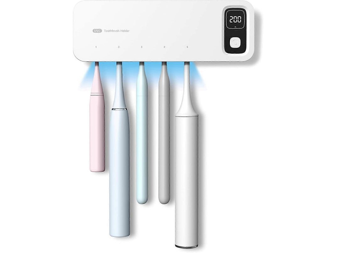 Esterilizador de escova de dentes com 5 compartimentos, secagem UV, recarregável, sem marca.