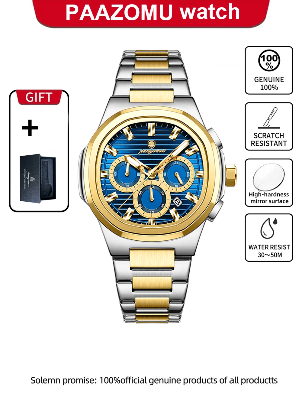 Relógio Elegante E À Prova D'água (dourado E Azul) Com Cronógrafo E Indicador De Data.