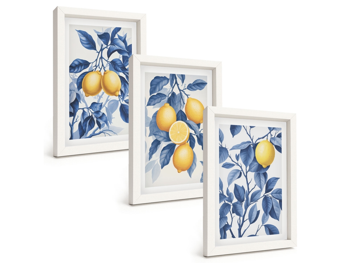 Galeria De Pinturas Na Parede Limões, Galhos, Folhas Azuis Moldura Branca Pinturas De Quarto Espelharte (3 Peças 20x30 Cm)