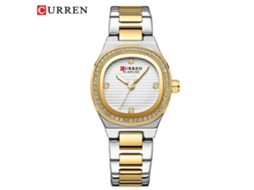 Relógio Feminino de Quartzo com Mostrador Quadrado, Pulseira de Aço e Strass, Dois Tons Branco