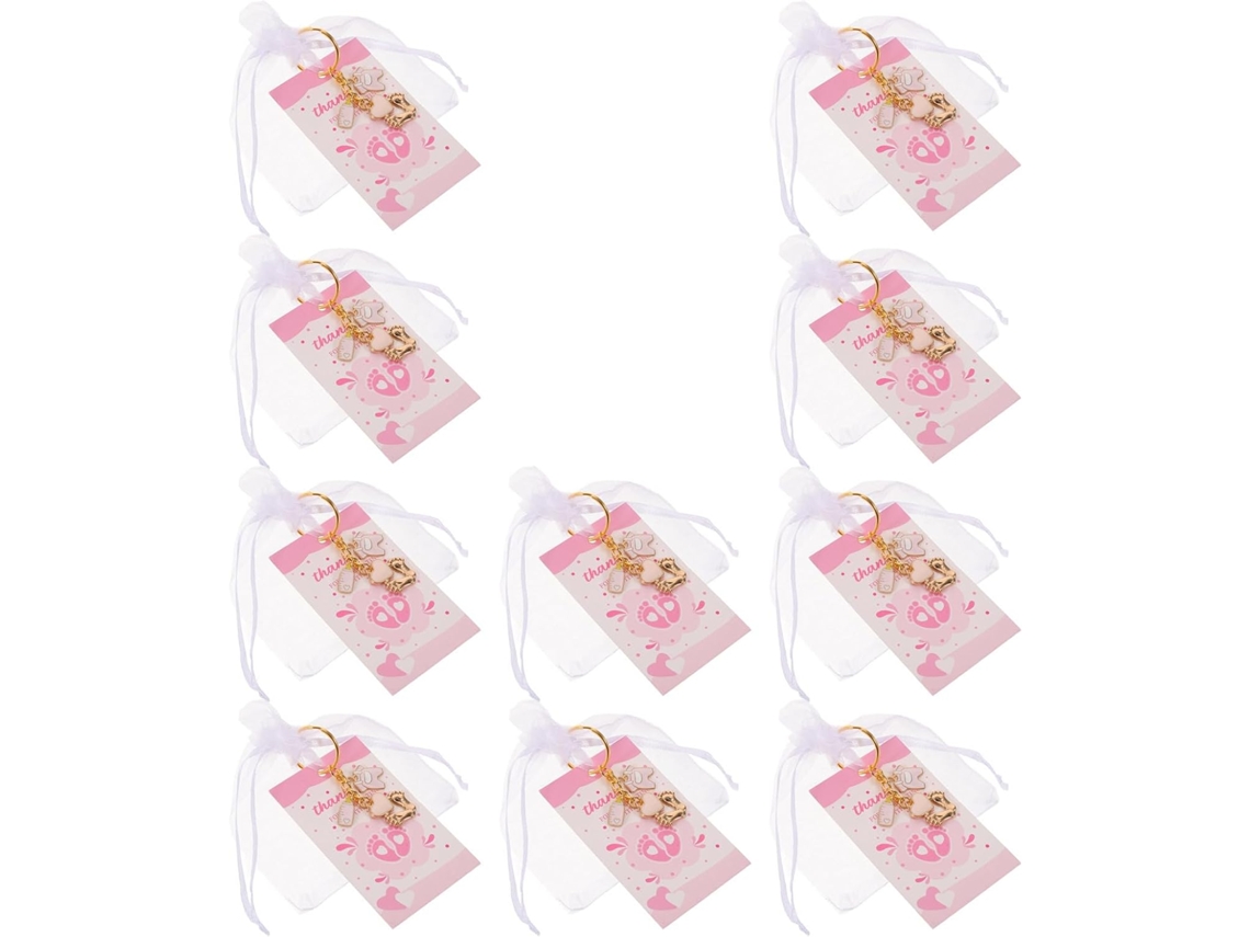 Conjunto De 10 Chaveiros De Metal Rosa Com Pegadas De Bebê