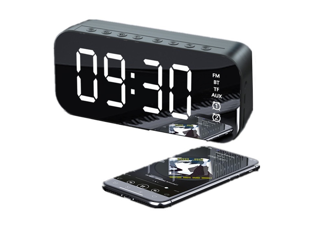 Coluna Bluetooth Wifi Mini Despertador Babá Relógio Espelho Subwoofer Preto*