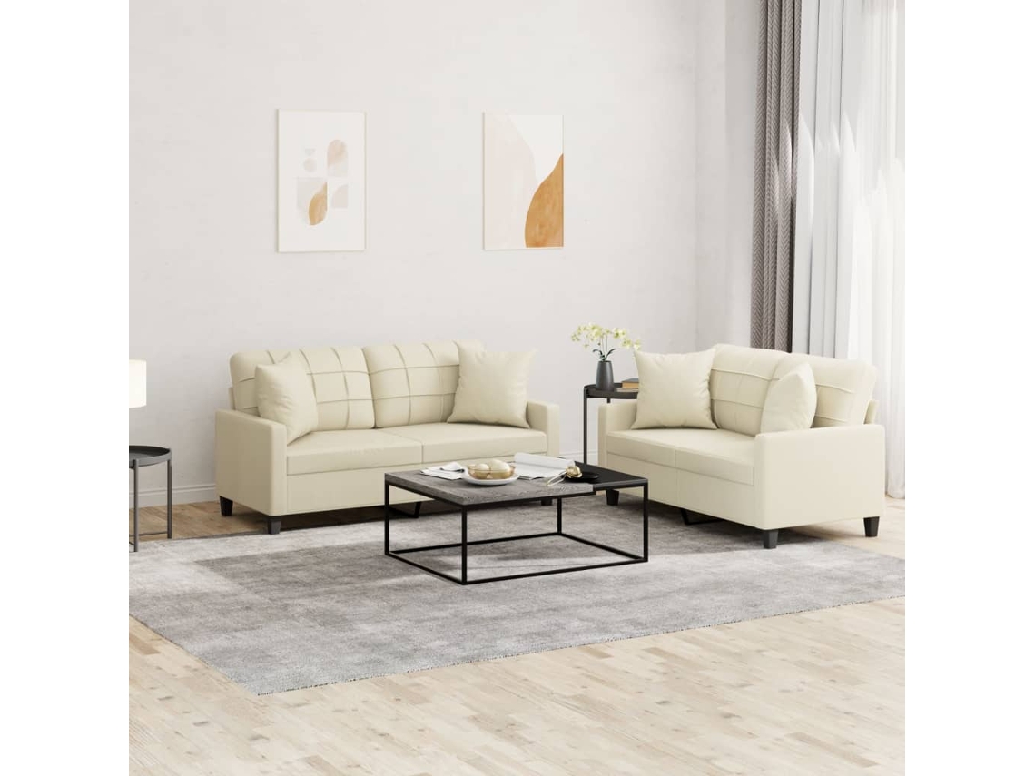 Vidaxl 2 Pcs Conjunto De Sofás Com Almofadas Couro Artificial Creme
