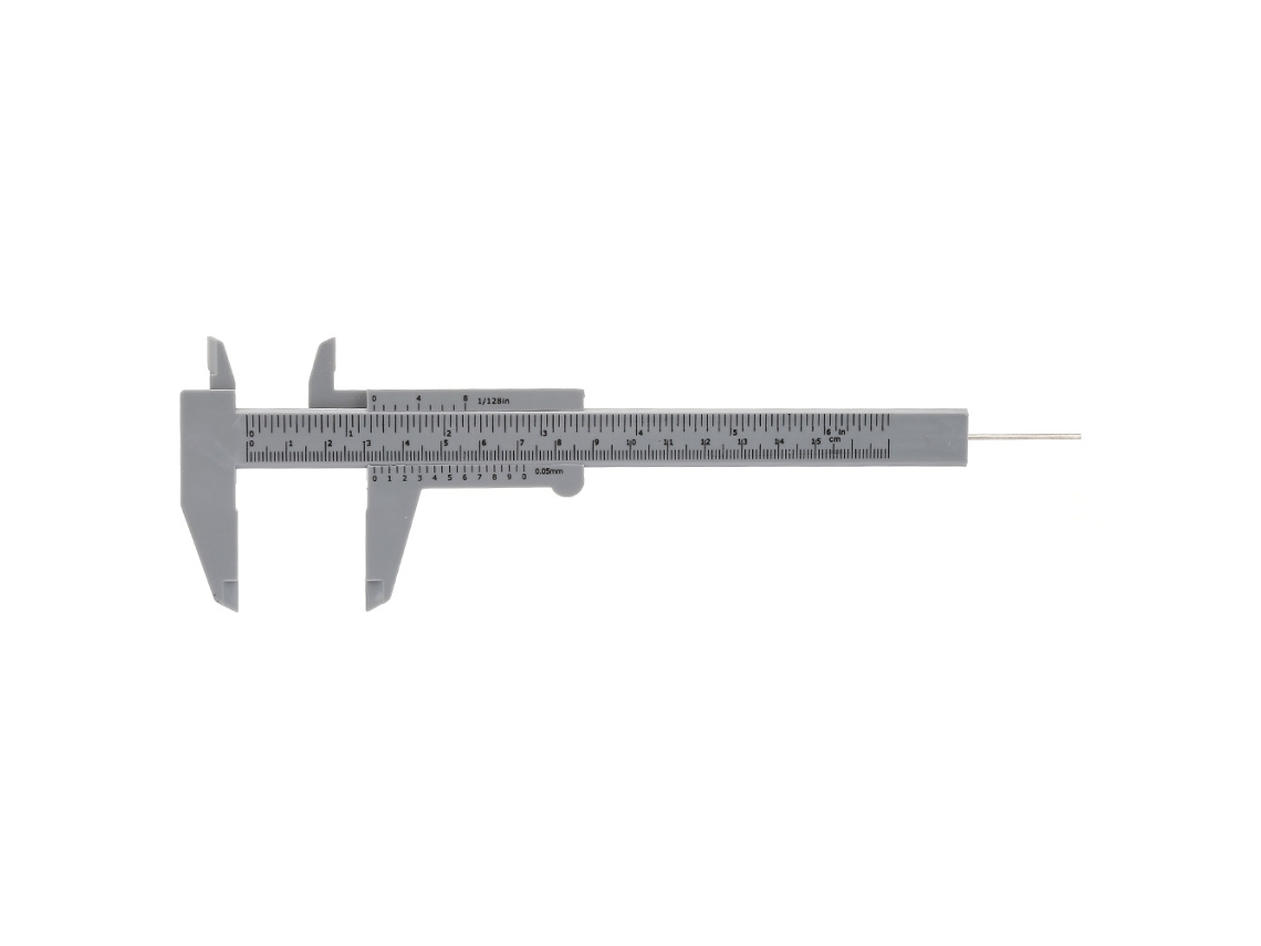 Paquímetro Vernier de plástico com régua dupla de 150 mm e escala de precisão de 0,5 mm, cinza