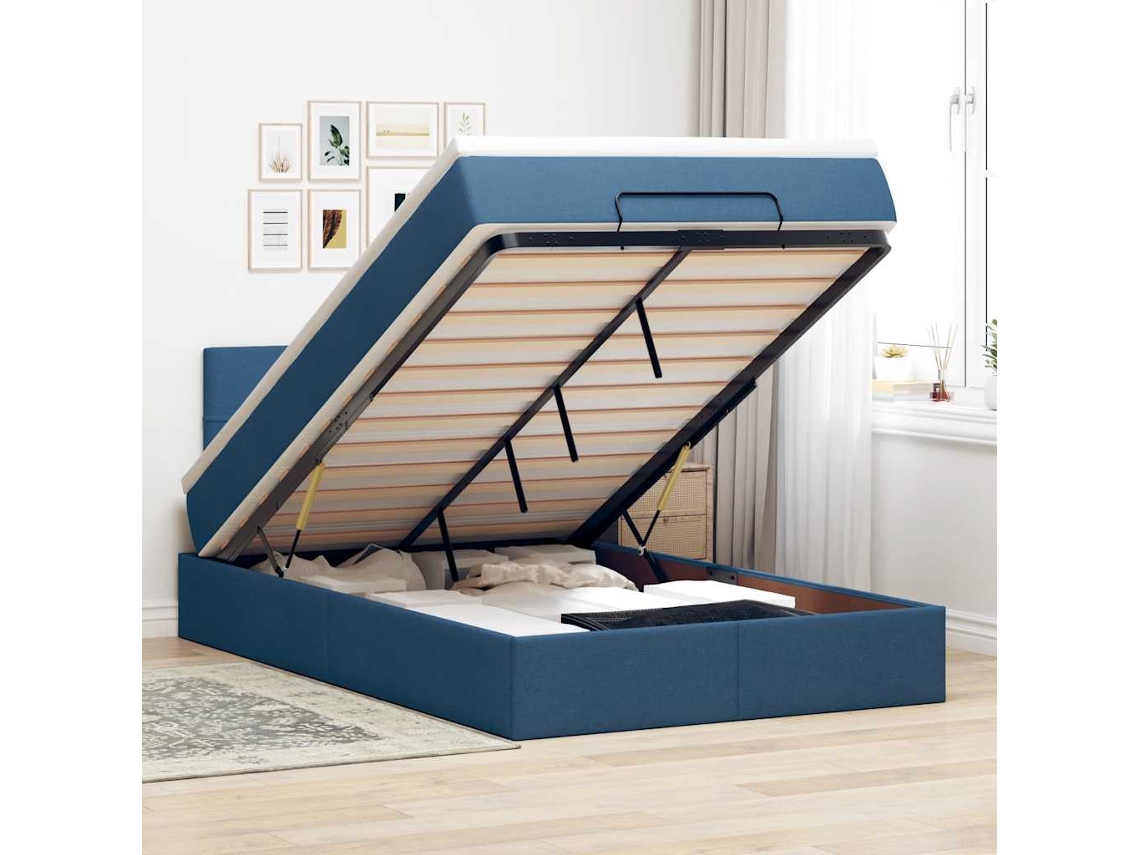 Vidaxl Cama Otomana Com Colchão Leds Tecido Azul 120x200 Cm