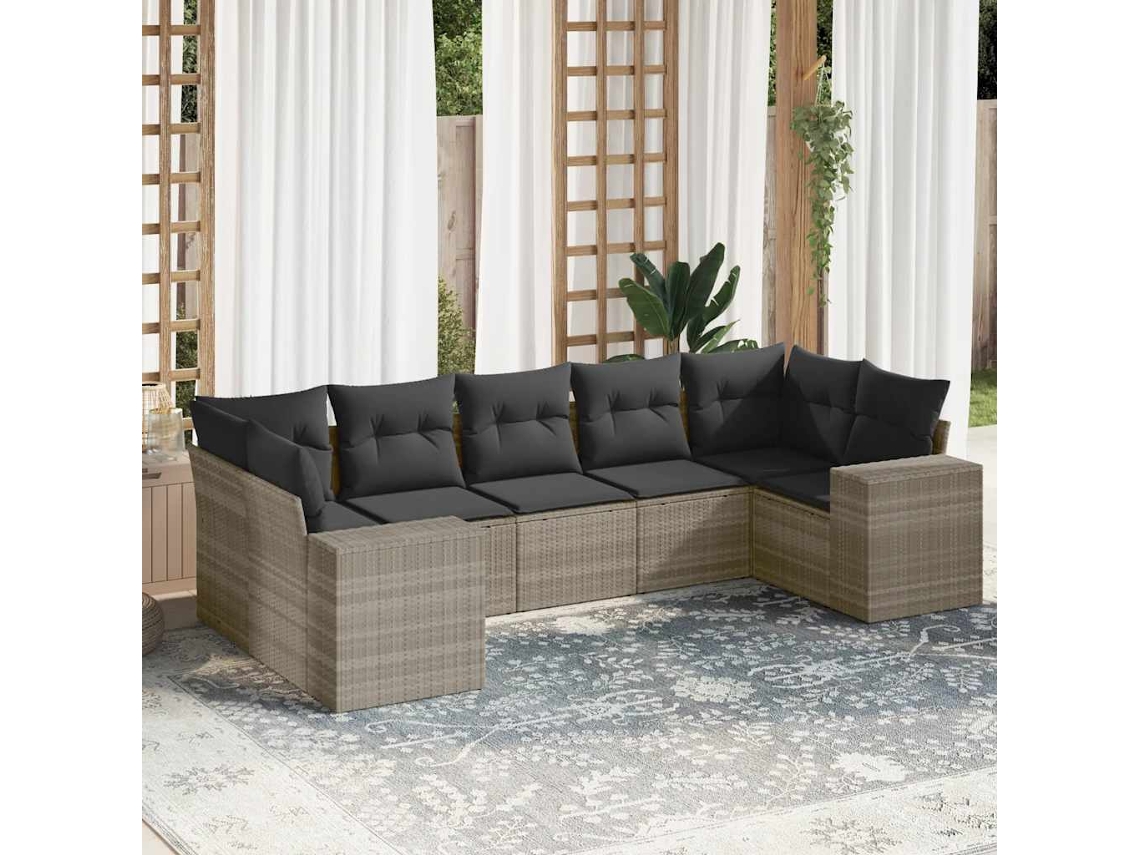 Vidaxl 7 Pcs Conj. Sofás Jardim Com Almofadões Vime Pe Cinzento-claro