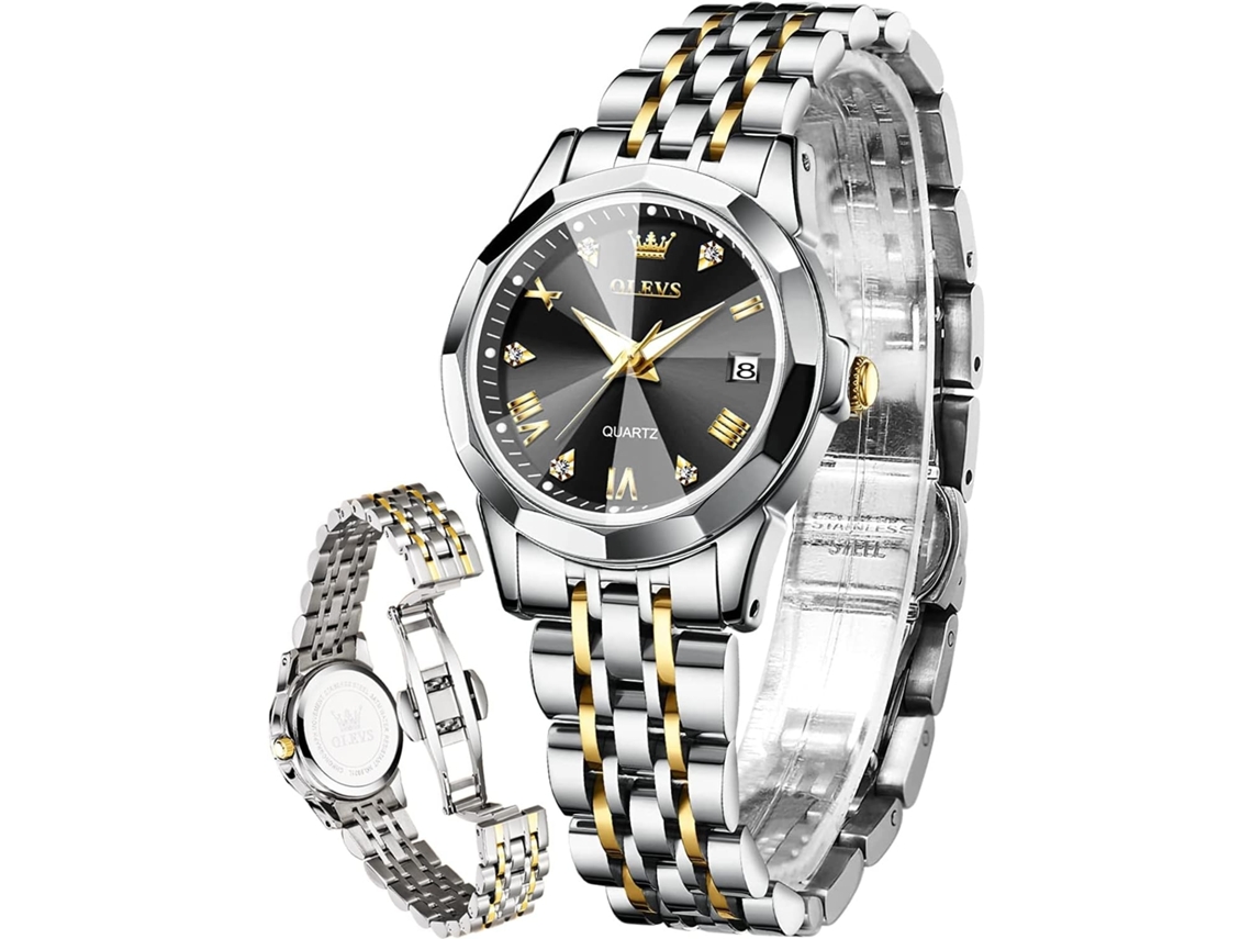 Lurelia Relógio Feminino, Movimento De Quartzo, Data/calendário, Detalhes Com Strass, Aço Inoxidável, Preto, Dourado