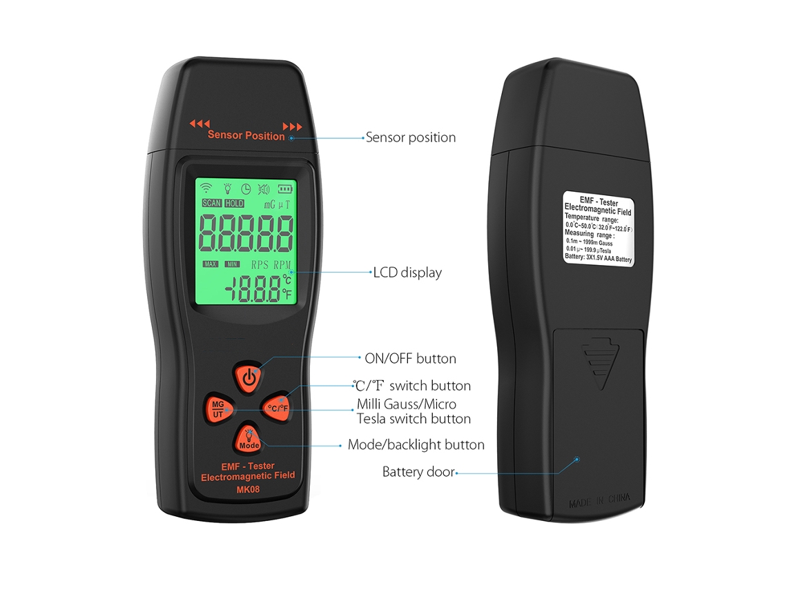 Medição De Campo Eletromagnético Emf Digital Com Alarme Luz-som E Temperaturas Em ℃ E ℉