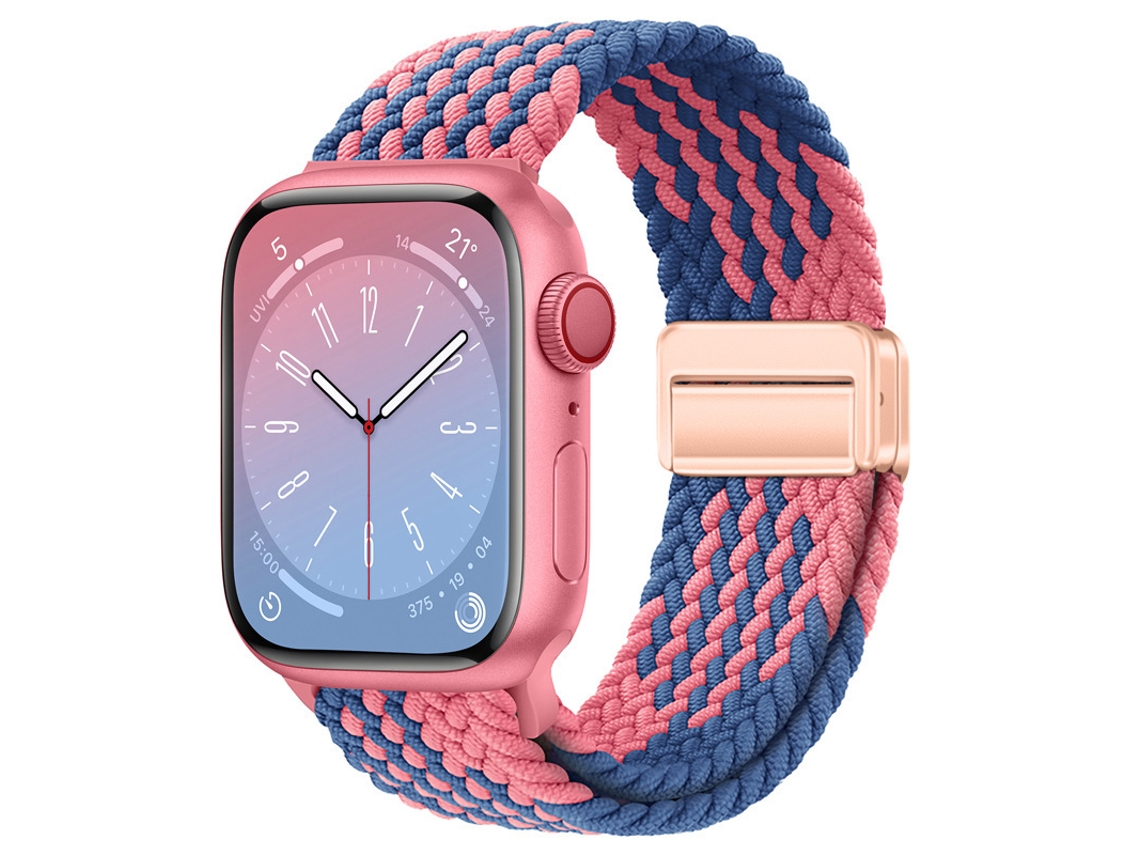 Pulseira magnética de nylon elástica para Apple Watch S10, com estampa de arco-íris em Z, azul e rosa, tamanhos disponíveis.