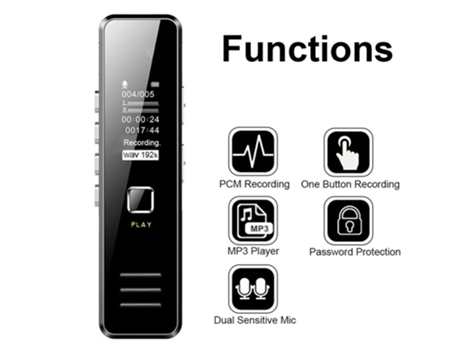 Gravador de Áudio Digital Alto-Falante 32Gb Usb Recarregável Gravador de Voz Digital Jogar Som Mp3 Player Redução Ruído Registro Remoto-Preto EASYHOME