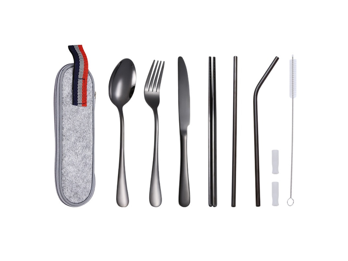 Kit De Utensílios De Viagem Em Aço Inoxidável 8 Peças Caixa De Armazenamento Preto 23,5x6,5x3 Cm