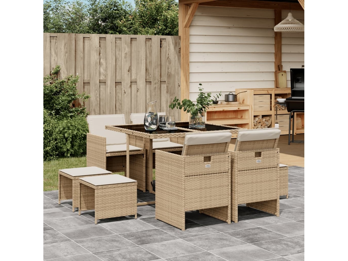 Conjunto 9 Peças Jantar P/ Jardim Com Almofadões Vime Pe Bege Dkd Home Decor