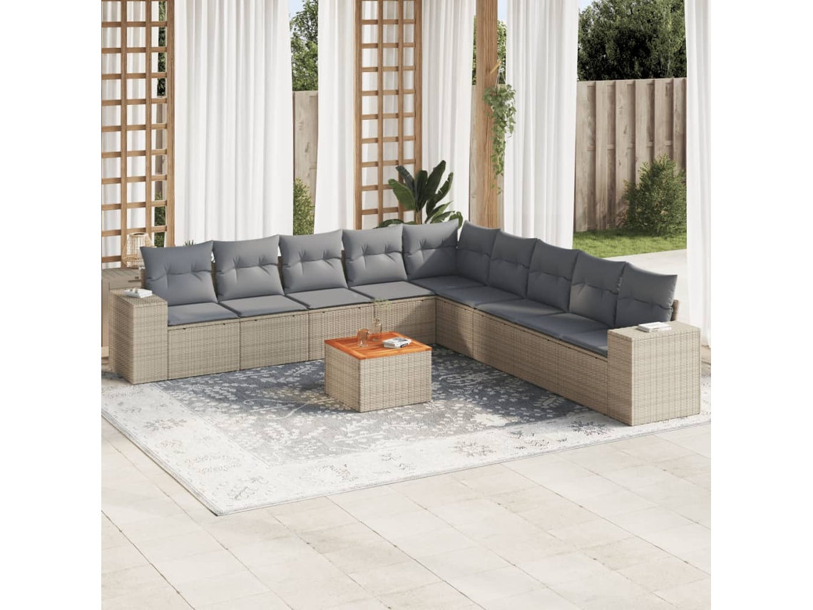 Vidaxl 10 Pcs Conjunto De Sofás P/ Jardim Com Almofadões Vime Pe Bege