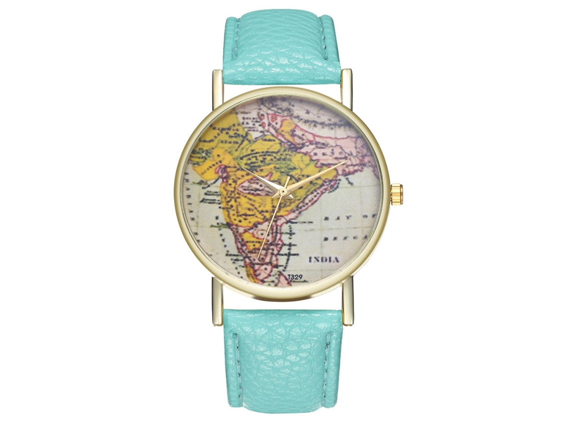Relógio de Pulso Unissex Zhoulianfa Mapa Índia Pulseira Couro Pu Quartz Mint