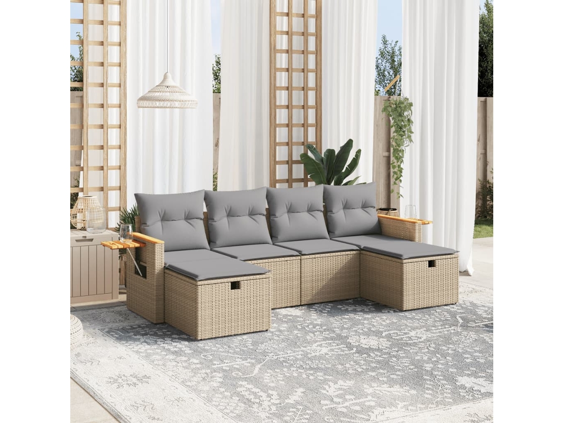 Vidaxl 6 Pcs Conj. Sofás Jardim C/ Almofadões Vime Pe Bege Misturado