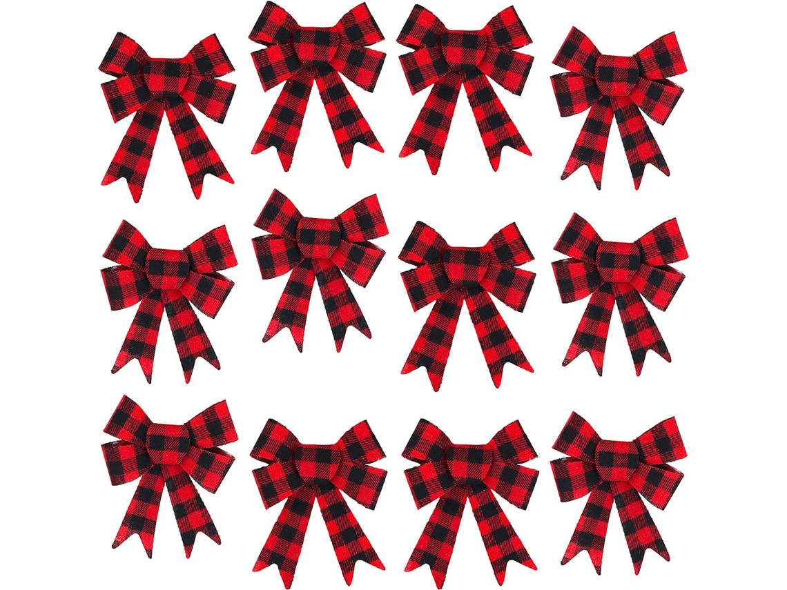 12 Peças de Laços Xadrez de Natal Vermelho e Preto Búfalo Xadrez Arcos Decorativos para Festas