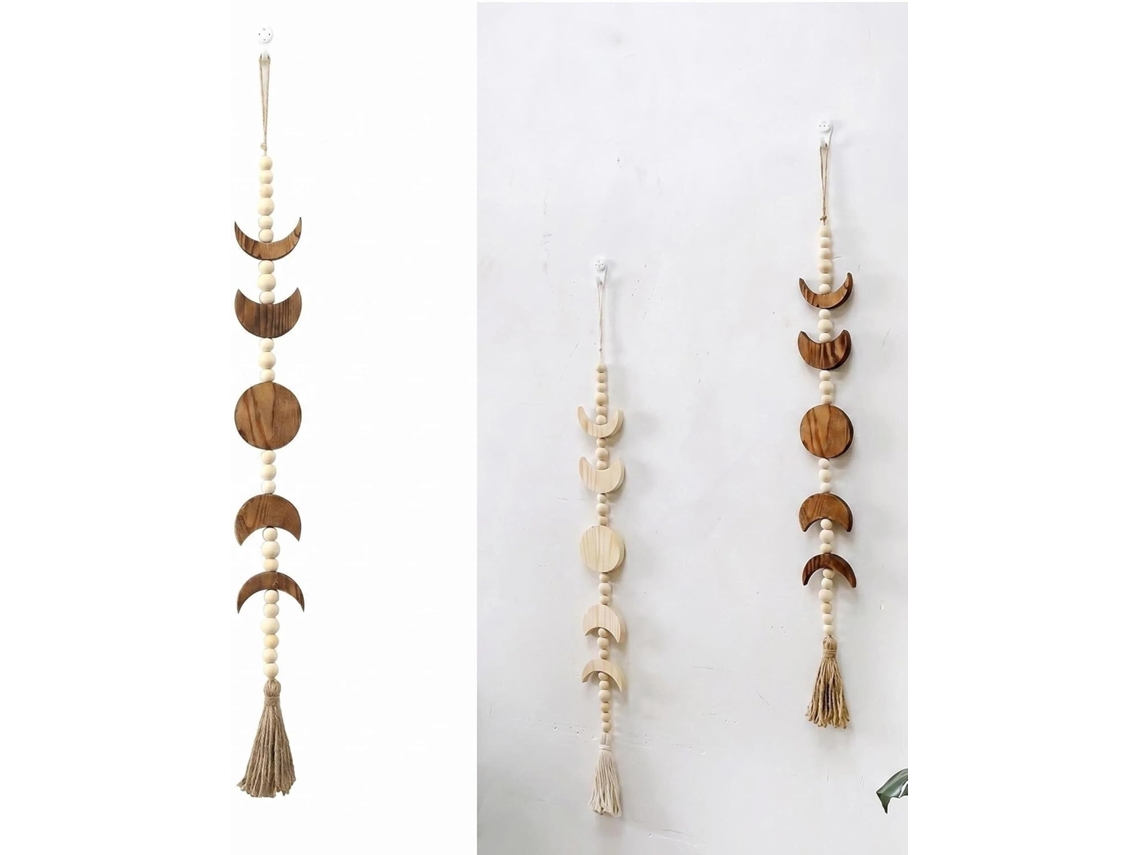 Enfeite Parede Com Fases Da Lua E Borla, 75 Cm (29,5 Polegadas), Madeira, Estilo Boêmio, Feito À Mão, Quarto, Sala Estar