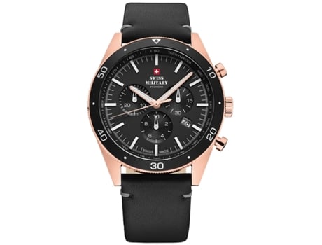Relógio masculino preto couro real Sm34079.07 SWISS MILITARY BY CHRONO