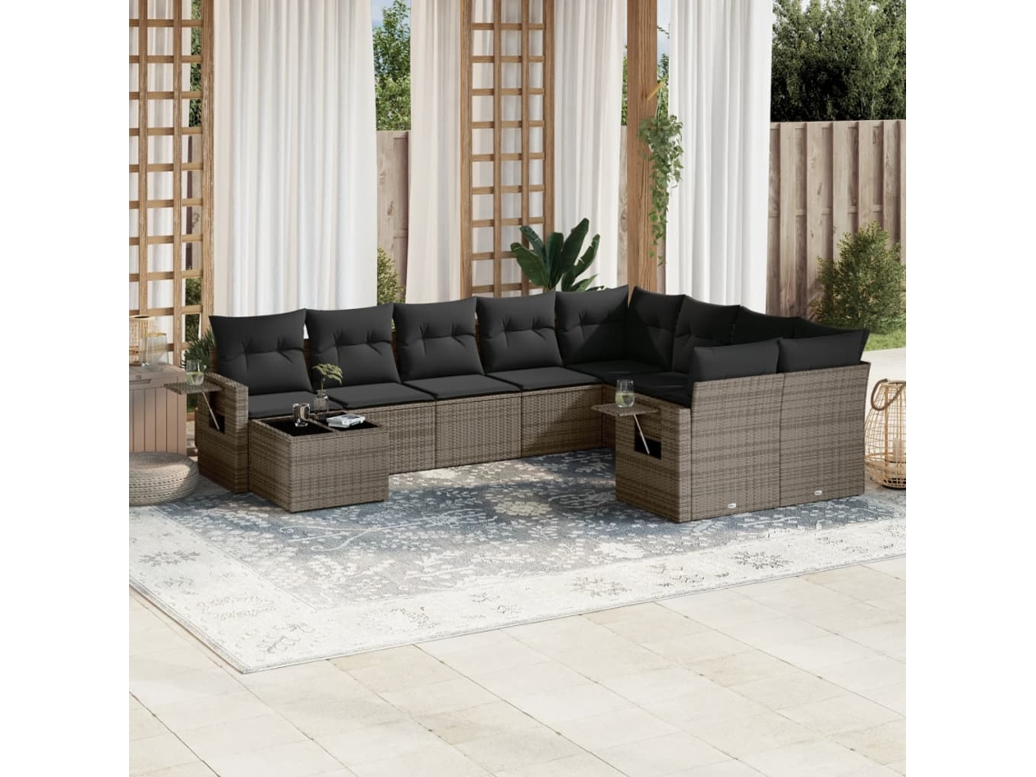 Vidaxl 10 Pcs Conjunto Sofás De Jardim C/ Almofadões Vime Pe Cinzento