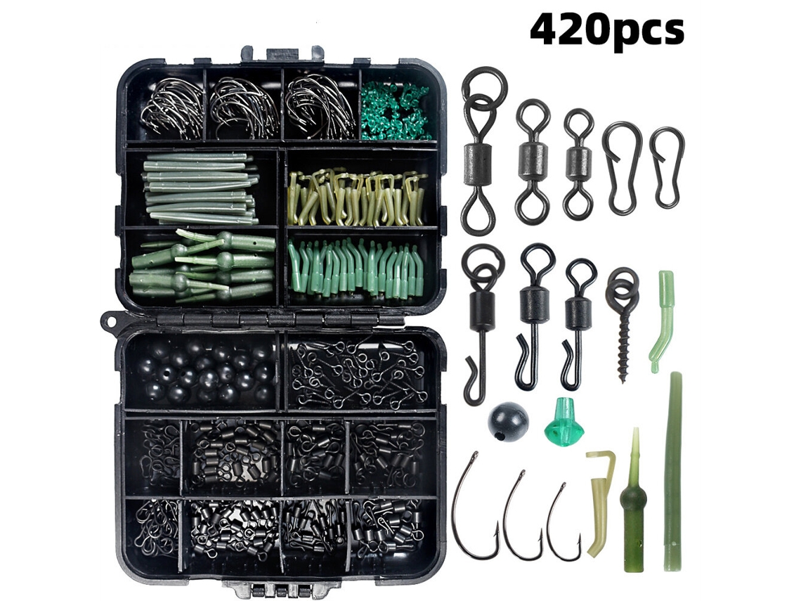 Preto Anmuka Kit Pesca 420 Peças Caixa Abs Acessórios Anzóis Giradores Miçangas Pinos Travamento Parafusos Travas Anti-enrolamento Pescadores