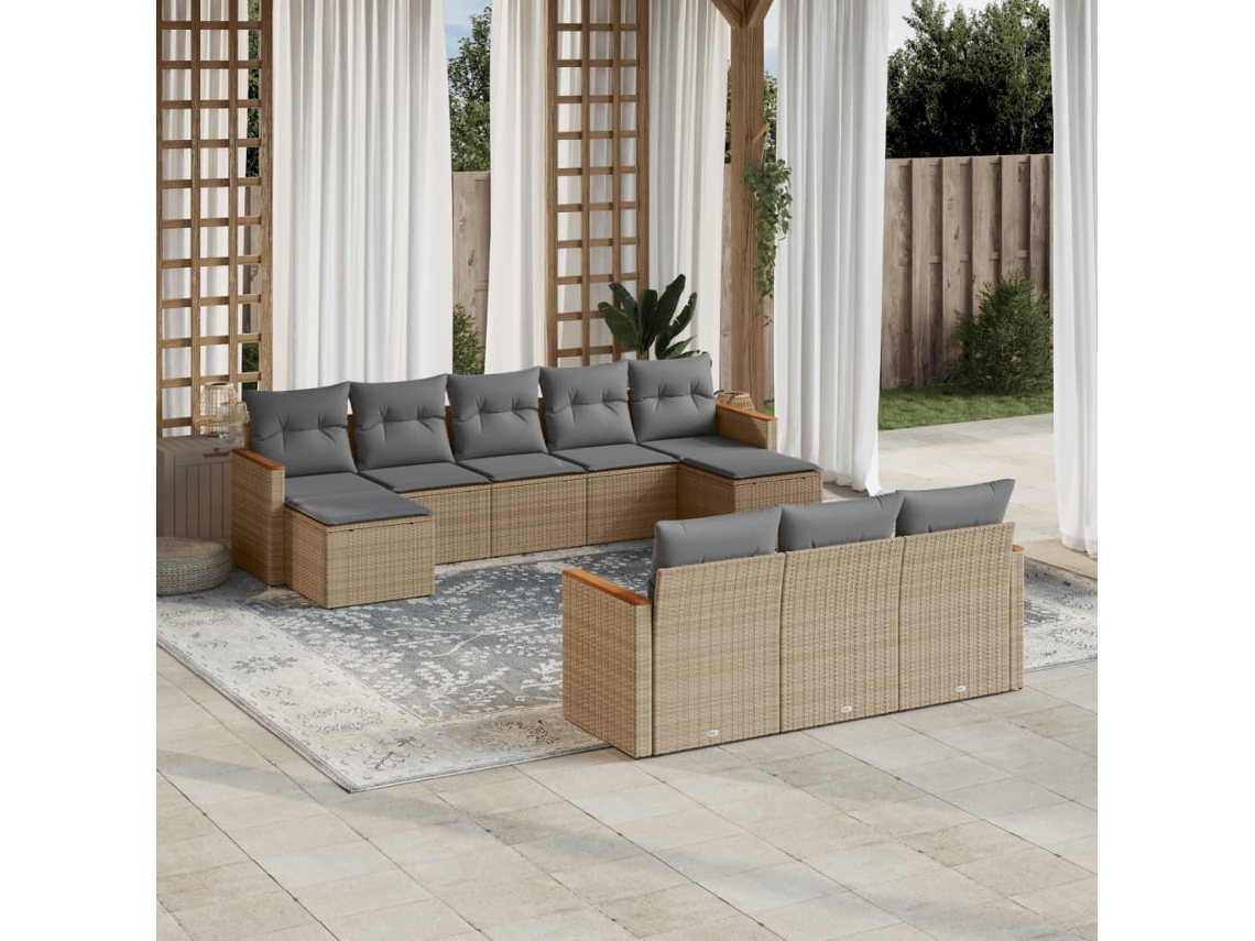 Vidaxl 10 Pcs Conjunto De Sofás P/ Jardim Com Almofadões Vime Pe Bege