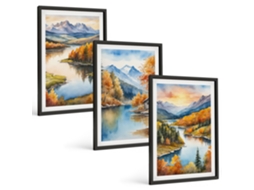 Composição De Quadros Paisagens De Montanha No Outono Moldura Preta Quadros Para O Escritório Espelharte (3 Piezas De 40x60 Cm)