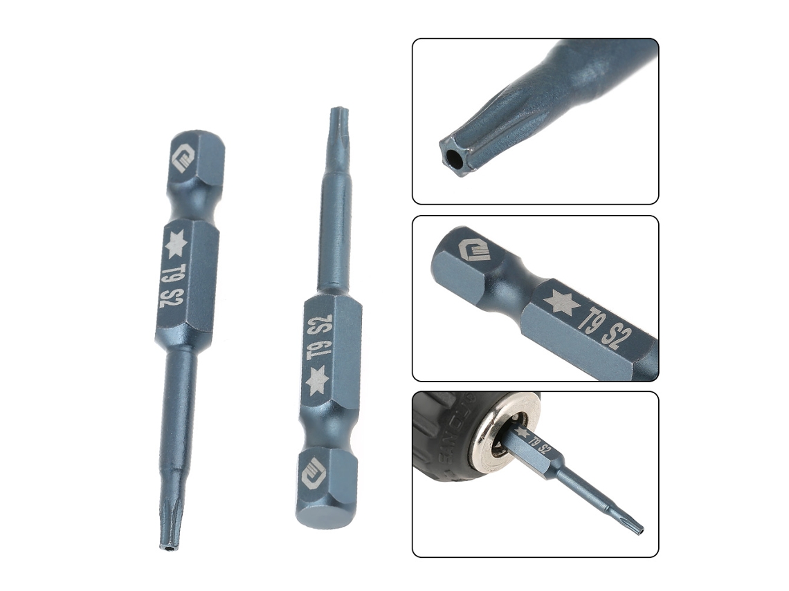 Kit De 10 Brocas De Parafuso Estrella Seguridad T9 Com Cabo Hexagonal 1/4" 50mm Magnético