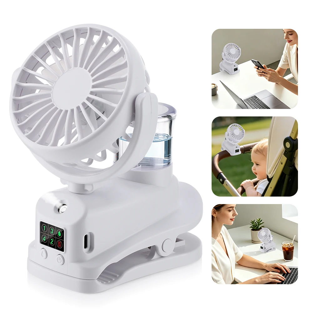 (branco) Ventilador Elétrico Com Clipe E Função De Névoa Mini Ventilador Usb Silencioso De 4 Velocidades Adequado Para Carrinhos De Bebê.